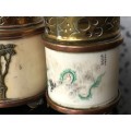 Vintage Oriental Ivorine/Animal Bone & Brass Miniature Oil Burning Lamps with Writings and Temple
