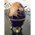 Luster Cobalt Blue,Peach and Gold Enamels Painted Tripod Trinket Egg With Brass Trimmings