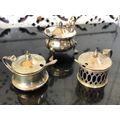 SET OF THREE SILVER PLATED MUSTARD POTS WITH SPOONS - ONE WITH A COBALT BLUE GLASS LINER