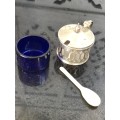 SET OF THREE SILVER PLATED MUSTARD POTS WITH SPOONS - ONE WITH A COBALT BLUE GLASS LINER