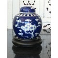 Chinese Prunus Ginger Jar on Carved Wood Stand, Hand Painted Under Glaze Kangxi Double Blue Ring