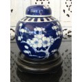 Chinese Prunus Ginger Jar on Carved Wood Stand, Hand Painted Under Glaze Kangxi Double Blue Ring