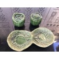 Unique Vintage Raised Relief Porcelain  Salt and Pepper Cabbage and tray