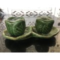 Unique Vintage Raised Relief Porcelain  Salt and Pepper Cabbage and tray