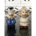 Unique Vintage Raised Relief Porcelain  Salt and Pepper Country Dolls