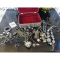 Silver Metal Jewellery Box full of Large Chunky Silver Tone Fashion Jewellery Pieces.