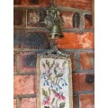 Complete Victorian Hanging Brass Bell with spring and Needlepoint Bell Pull