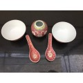 5 pieceVintage Chinese Red Enamel Hand Painted porcelain