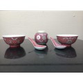 5 pieceVintage Chinese Red Enamel Hand Painted porcelain