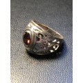 GORGEOUS CHUNKY SILVER AND BURNT ORANGE CZ DESIGNER FASHION RING - SIZE P - WEIGHS 6.22g