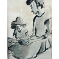 IRIS AMPENBERGER (1916 - 1981) NICELY FRAMED ORIGINAL MIXED MEDIA - MOTHER AND CHILD