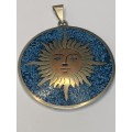 STUNNING TAXCO MEXICAN STERLING SILVER CRUSHED TURQUOISE TRIBAL SUN PENDANT - 23.54g