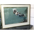 SIMPLY BREATH TAKING !!! FRAMED WATERCOLOUR PAINTING `OX WAGON RIVER CROSSING` BY R. THOMSON