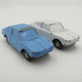 Pair of miniature Fiat Dino die-cast toy cars - about scale 1/87