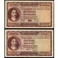1958 MH deKock 10 Shillings and G RIissik 1 Rand Banknotes