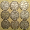 Southern Rhodesia: 1932-1936 Nine (x9) Silver Sixpences (6d) * Bid per Coin to Take All *