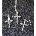 Silver Coloured Necklace with Cross Pendant & Matching Earrings