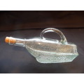 Mid Century Novelty Pressed Glass Wine Decanter Bottle in Basket with cork