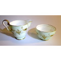 Vintage Trentham Royal Crown Milk Jug and Sugar Bowl. Soft Mint Green with Golden Grape Pattern.