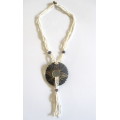 Vintage Ethnic Handmade bead Necklace with wooden handcarved pendant. 42cm without pendant.