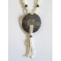 Vintage Ethnic Handmade bead Necklace with wooden handcarved pendant. 42cm without pendant.
