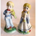 Two Lovely Unglazed Porcelain Figures. Musical Boy and Girl, Made in Taiwan. 15cm high.
