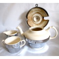 Art Deco Ceramic & Chrome Insulated 3 Piece Tea Set. Please note repairs on Sugar Pot handle.