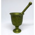 Antique miniature Brass Mortar and Pestle.  Apothecary. Hand Engraved. Please note Condition.