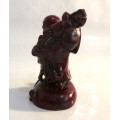 Red Resin Happy buddha standing on money bag with Coins. Wealth and Happiness. 10cm.