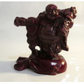 Red Resin Happy buddha standing on money bag with Coins. Wealth and Happiness. 10cm.