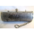 Stunning Vintage 100% Leather Skin Silver/Black Evening Clutch Bag. Made in Taiwan.