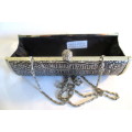 Stunning Vintage 100% Leather Skin Silver/Black Evening Clutch Bag. Made in Taiwan.