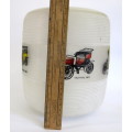 White Vintage Glass Hanging Lampshade with Vintage Cars for Boys Room.