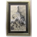 Set of Three Pen Ink Sketches by B Arenson 1970 Boer War Theme. Incredible detailed. Framed.
