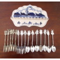 Delightful Old Delft Porcelain Teaspoon Hanger for 12 Tea Spoons. Plus 15 Windmill Spoons and Forks.