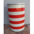 VINTAGE LARGE (TALL) AND GORGEOUS RED AND WHITE STRIPED TIN STORAGE CONTAINER WITH LID. 63x23 cm