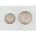 1945  Silver Netherlands Indies Wilhelmina 1/10 Gulden and 1/4 Gulden, Almost UNC.