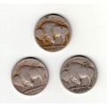 3x USA Buffalo Five Cents. 1929, 1936 and one other.