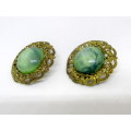 Lovey Vintage Jade green set in Gold color Filigree Clip on Earrings.