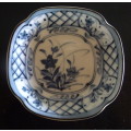 Vintage Japanese Blue-White Porcelain Pin Dish. Hand painted White and Blue. Size 120x120mm.