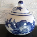 Vintage Porcelain Blue & White Sugar Bowl with Lid. Hand Painted. Marked. 120mm high.
