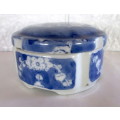 Blue and White Hand Painted Porcelain Trinket Dish with Lid. Made in China. 10cm diameter, 5cm high.