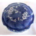 Blue and White Hand Painted Porcelain Trinket Dish with Lid. Made in China. 10cm diameter, 5cm high.