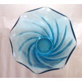 Large Blue Glass Flower Vase with Frill Top Effect. 220mm high, 160mm diameter. Spotless.