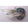 Lovely Vintage Silver Color Brooch with blue Rhinestones. Breathtaking. 60mm