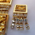 Vintage Golden Color Elaborate Pendant and Clip On Earrings with Diamnte. Pendant 75mmm long.