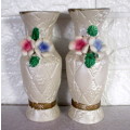 Two Vintage Porcelain Detailed Flower Vases. Covered with Mother of Pearl Scheen. 150mm Spotless.