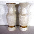 Two Vintage Porcelain Detailed Flower Vases. Covered with Mother of Pearl Scheen. 150mm Spotless.