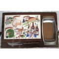Vintage Cheese Board. Wood and Hand Painted Porcelain Tiles, with Cheese knife and preserves tray.
