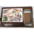 Vintage Cheese Board. Wood and Hand Painted Porcelain Tiles, with Cheese knife and preserves tray.